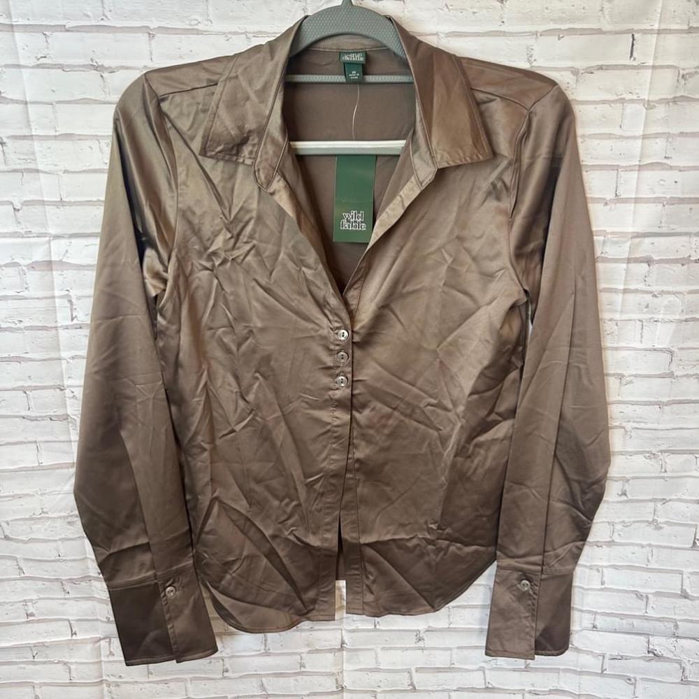 NEW Womens Silky Top Blouse Button Up Dark Taupe XS Wild Fable New with tags